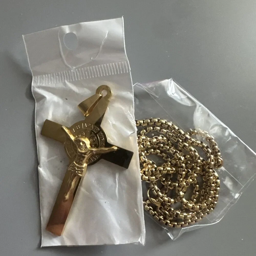 Gold Tone Cross Jesus Pendant 24” Chain Christ Stainless Steel Catholic Gift